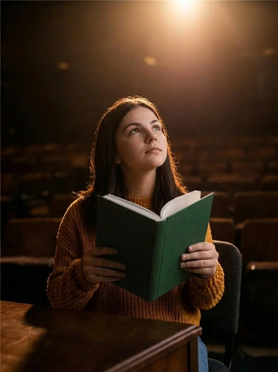 A Classical Academy Online student reads a green-bound book under a single spotlight in an empty auditorium